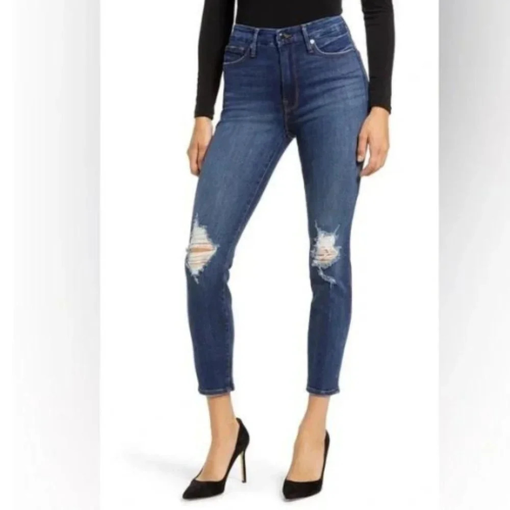 New! Good American Good Waist Crop Distressed Skinny Jeans 30183